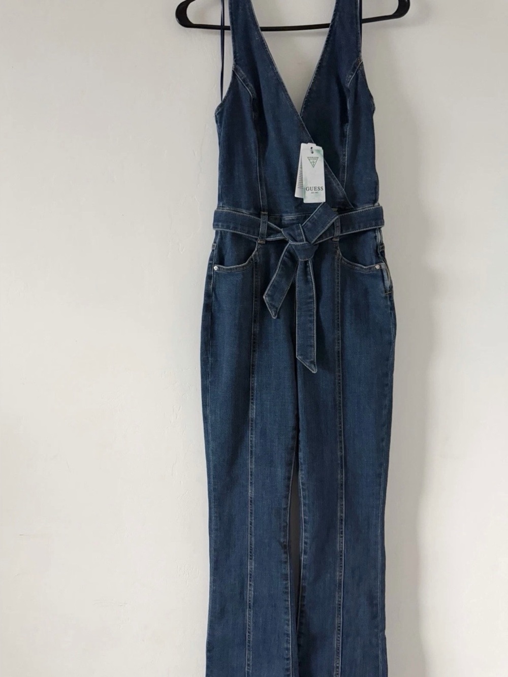 GUESS Dark Blue Denim Overalls Jumpsuit with Tie Waist